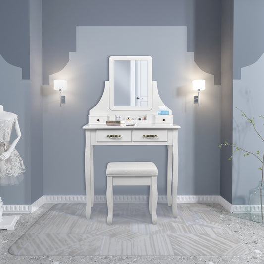 Classic Dressing Table, White Color, with a Large Mirror and Stool