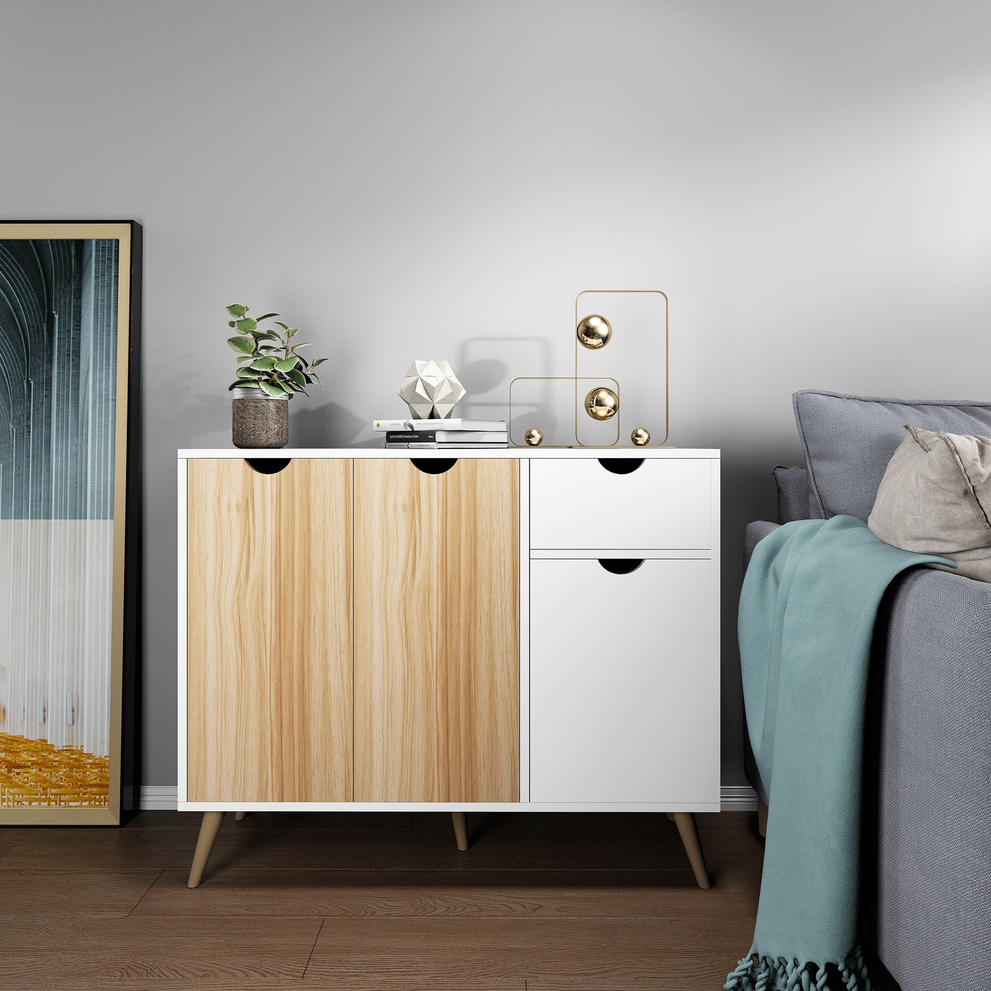 Modern Storage Cabinet, White and Oak Color Matching, 3 Doors and Single Drawer