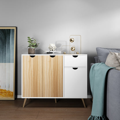 Modern Storage Cabinet, White and Oak Color Matching, 3 Doors and Single Drawer