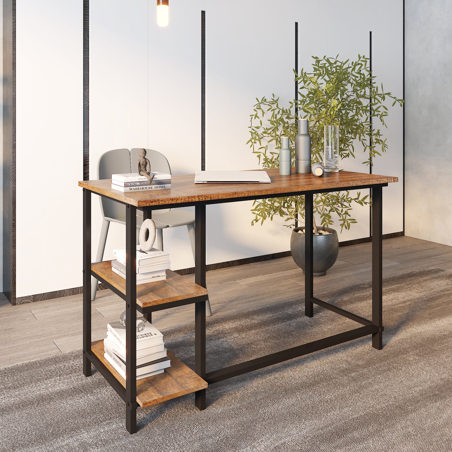 Retro Industrial Computer Table for Home Office, with Open Storage Spaces