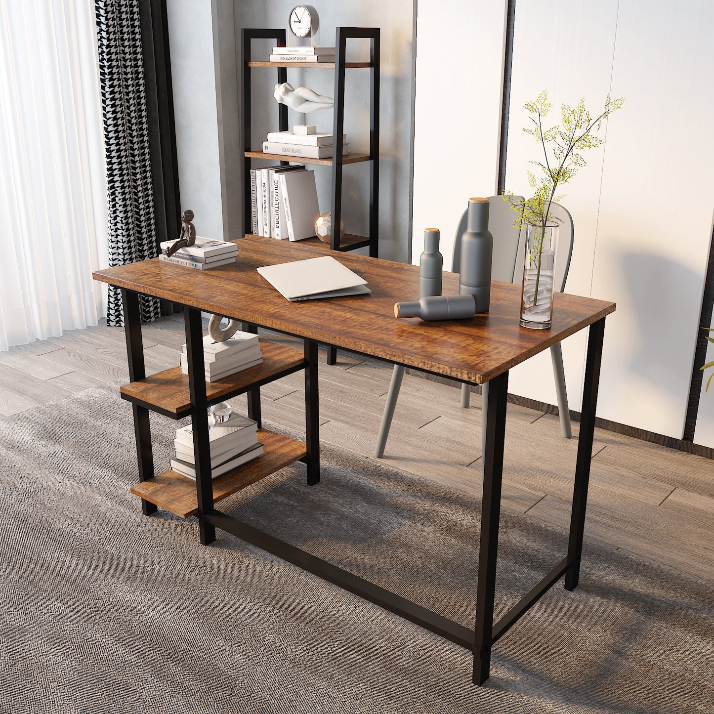 Retro Industrial Computer Table for Home Office, with Open Storage Spaces