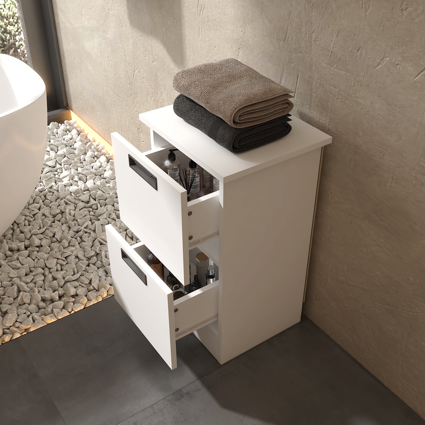 Freestanding Bathroom Cabinet, 2 Drawers and Black Pulls