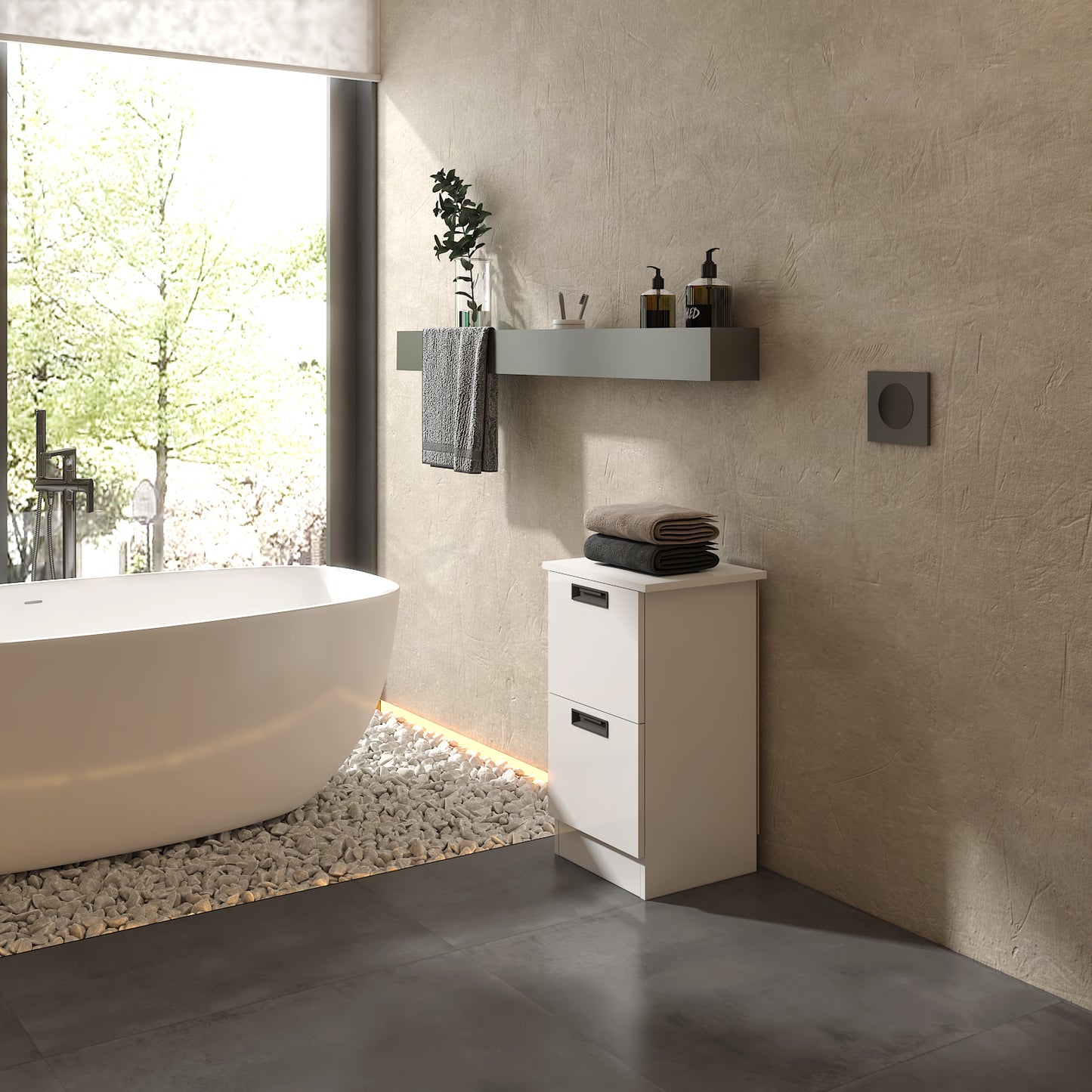 Freestanding Bathroom Cabinet, 2 Drawers and Black Pulls