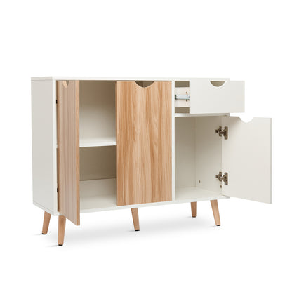 Modern Storage Cabinet, White and Oak Color Matching, 3 Doors and Single Drawer