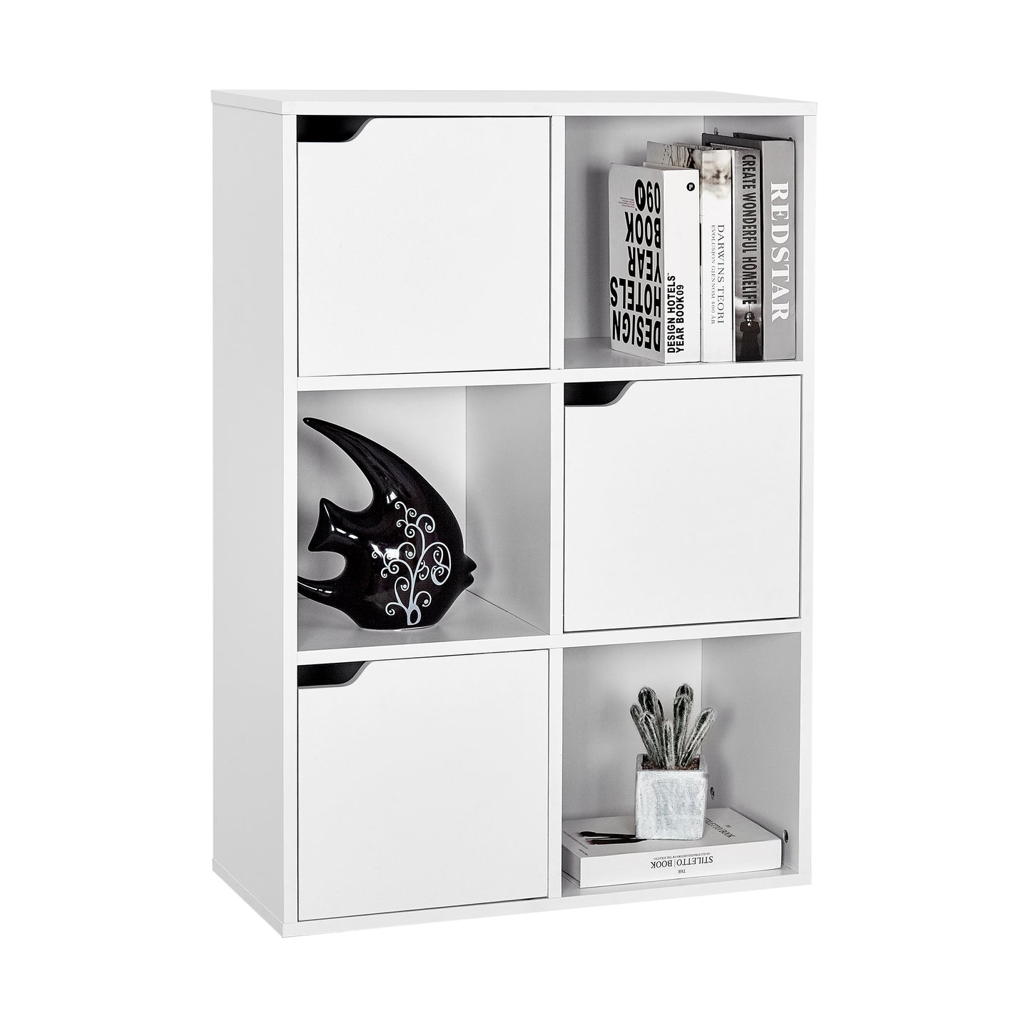 Bookcase,  White and Wood, Six Compartments with Three Doors