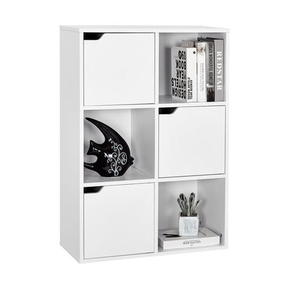 Bookcase,  White and Wood, Six Compartments with Three Doors