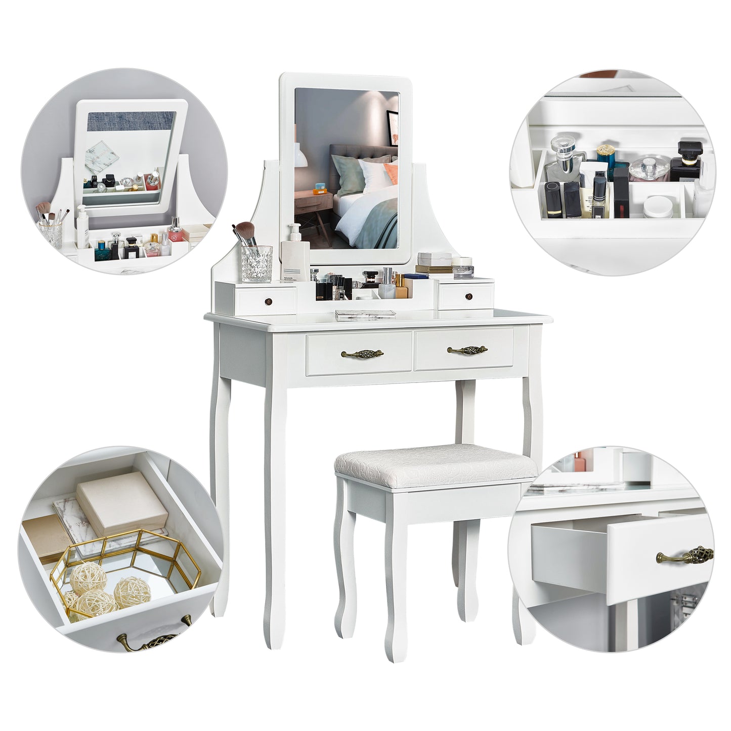 Classic Dressing Table, White Color, with a Large Mirror and Stool