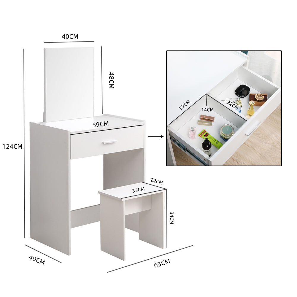Modern Dressing Table Set, White Color, Providing Frameless Mirror and Stool