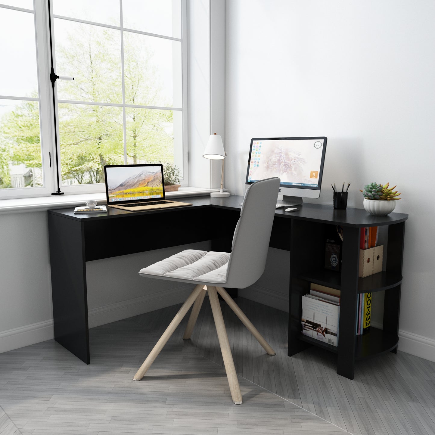Black L-shaped Computer Corner Desk, with 2 Storage Shelves