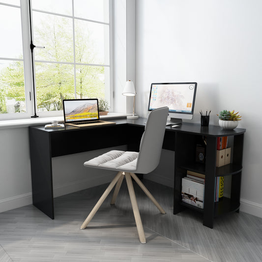 Black L-shaped Computer Corner Desk, with 2 Storage Shelves