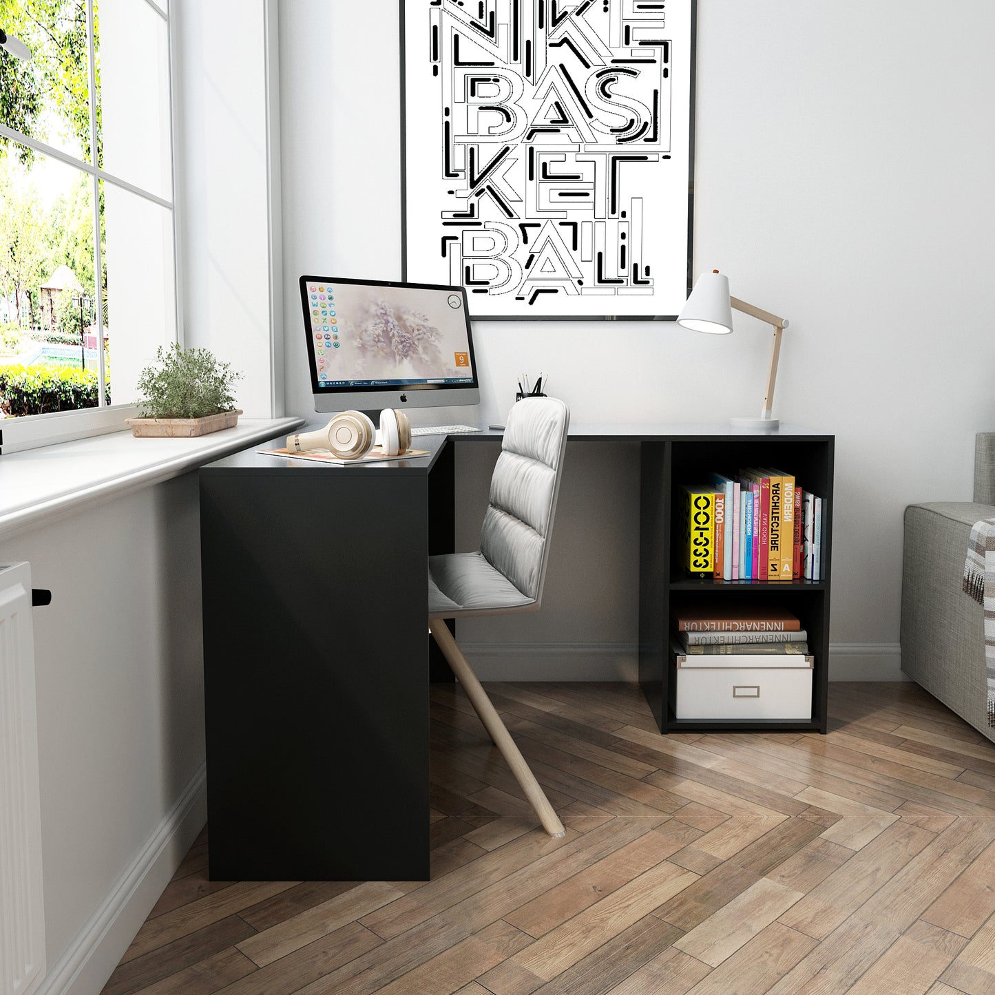 L-shaped Computer Desk, White/Black Color, 2 Storage Compartments