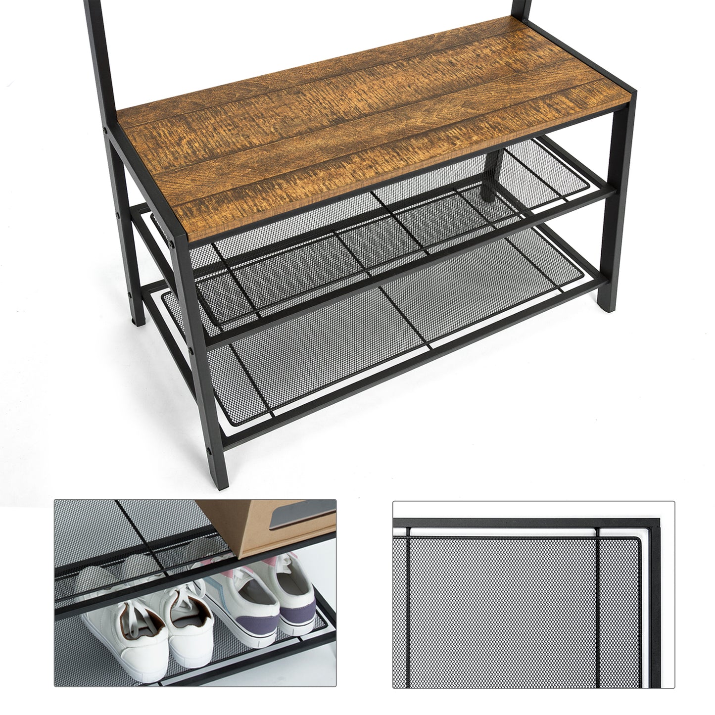 Hall Tree with Storage Bench, Equipped with Extra Two-layer Iron Mesh