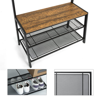 Hall Tree with Storage Bench, Equipped with Extra Two-layer Iron Mesh