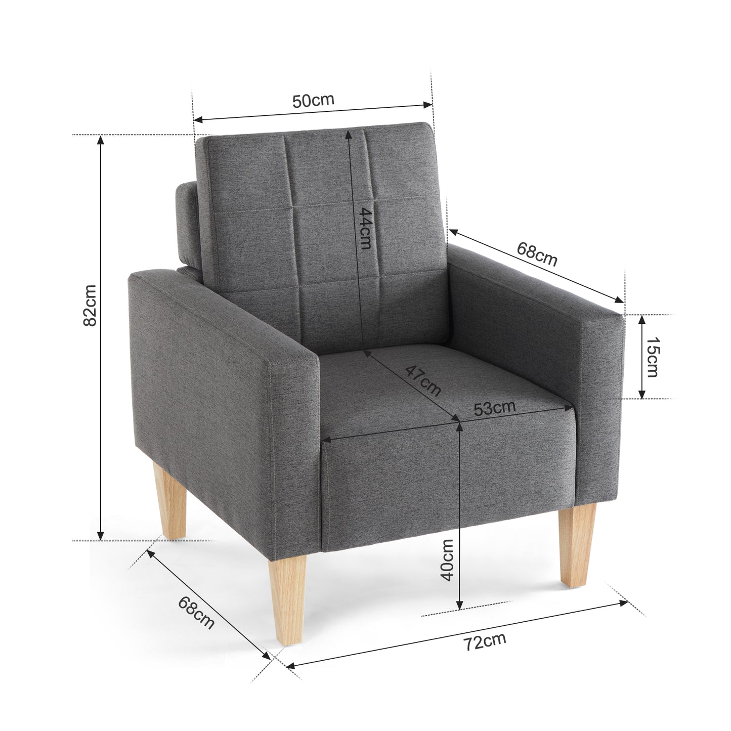 Modern Armchair, Dark Grey Color, Solid Wood Frame Inside