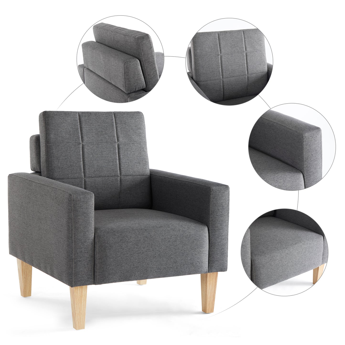 Modern Armchair, Dark Grey Color, Solid Wood Frame Inside