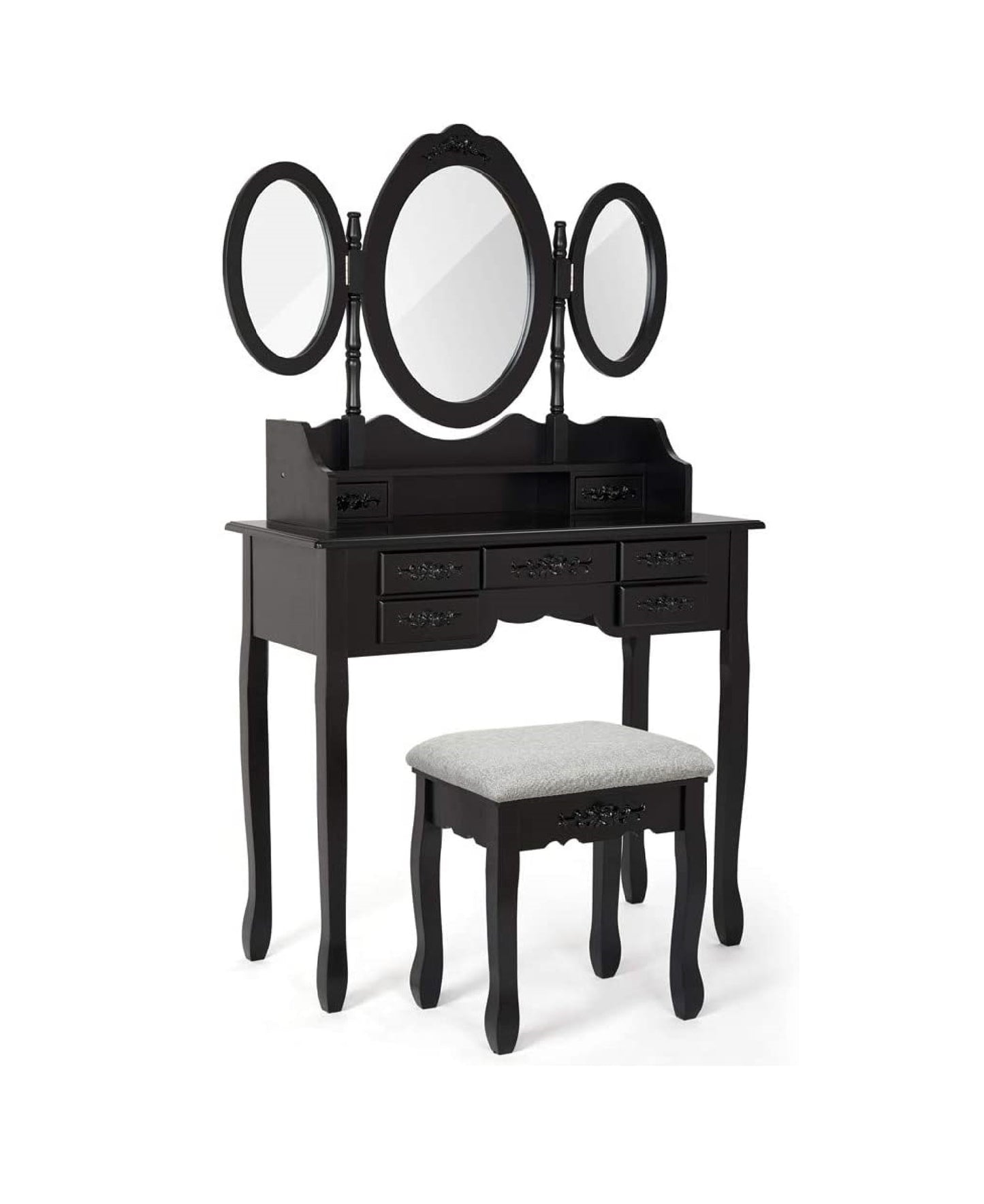 Modern Dressing Table, White Color, with 3 Rotating Mirrors and Stool
