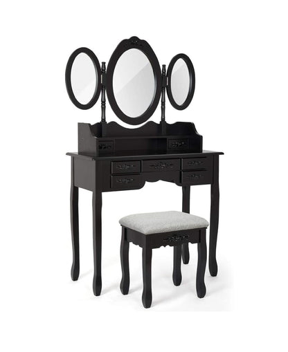 Modern Dressing Table, White Color, with 3 Rotating Mirrors and Stool