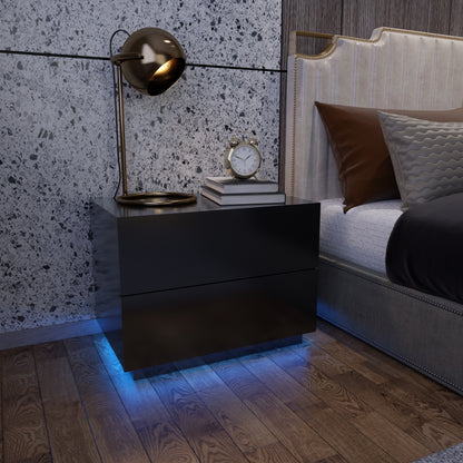 Bedside Table, LED Bedside Cabinet with 2 Drawers High Gloss with USB Light