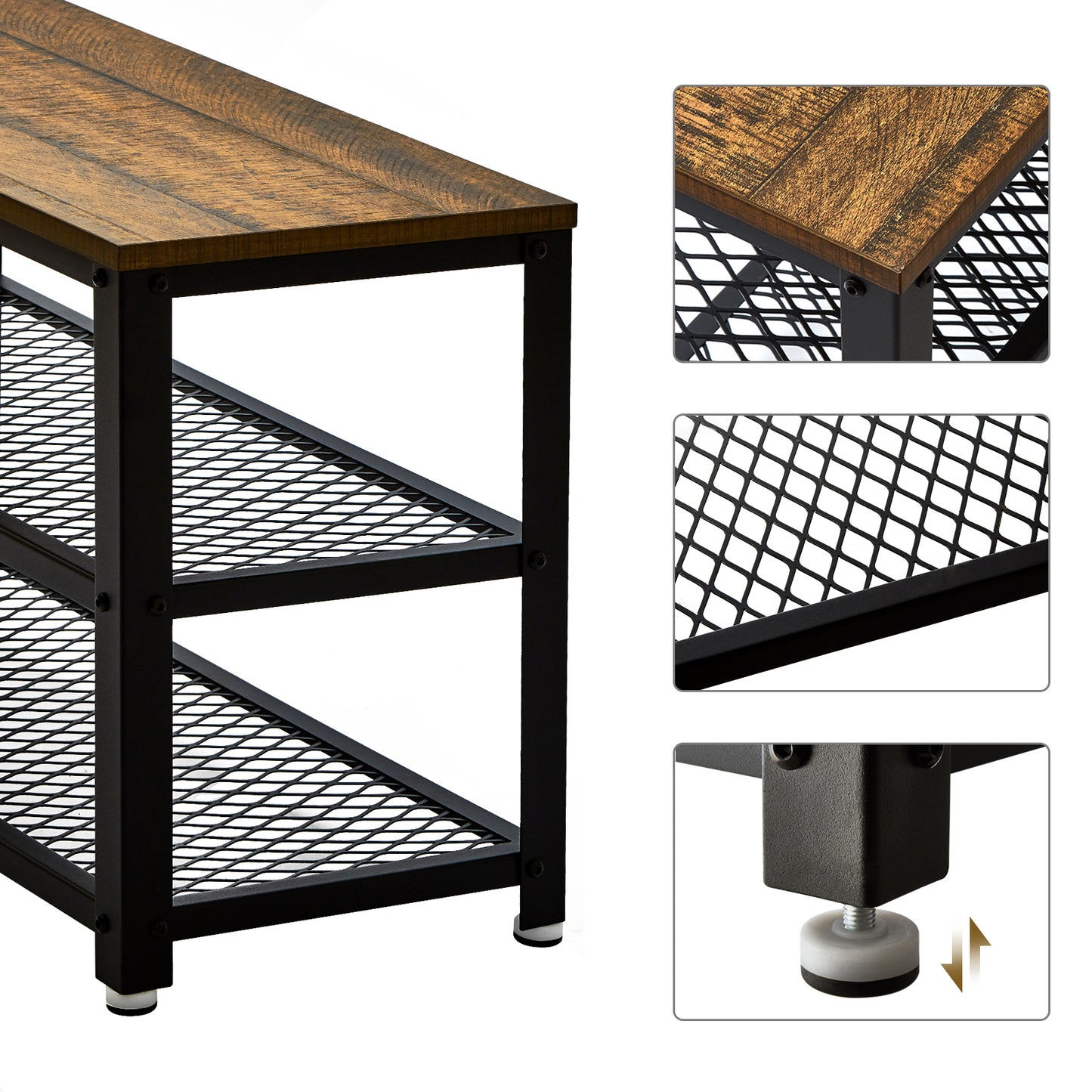 Retro Industrial Shoe Bench, Multi-layer Design, Black Painted Iron Mesh