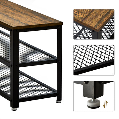 Retro Industrial Shoe Bench, Multi-layer Design, Black Painted Iron Mesh