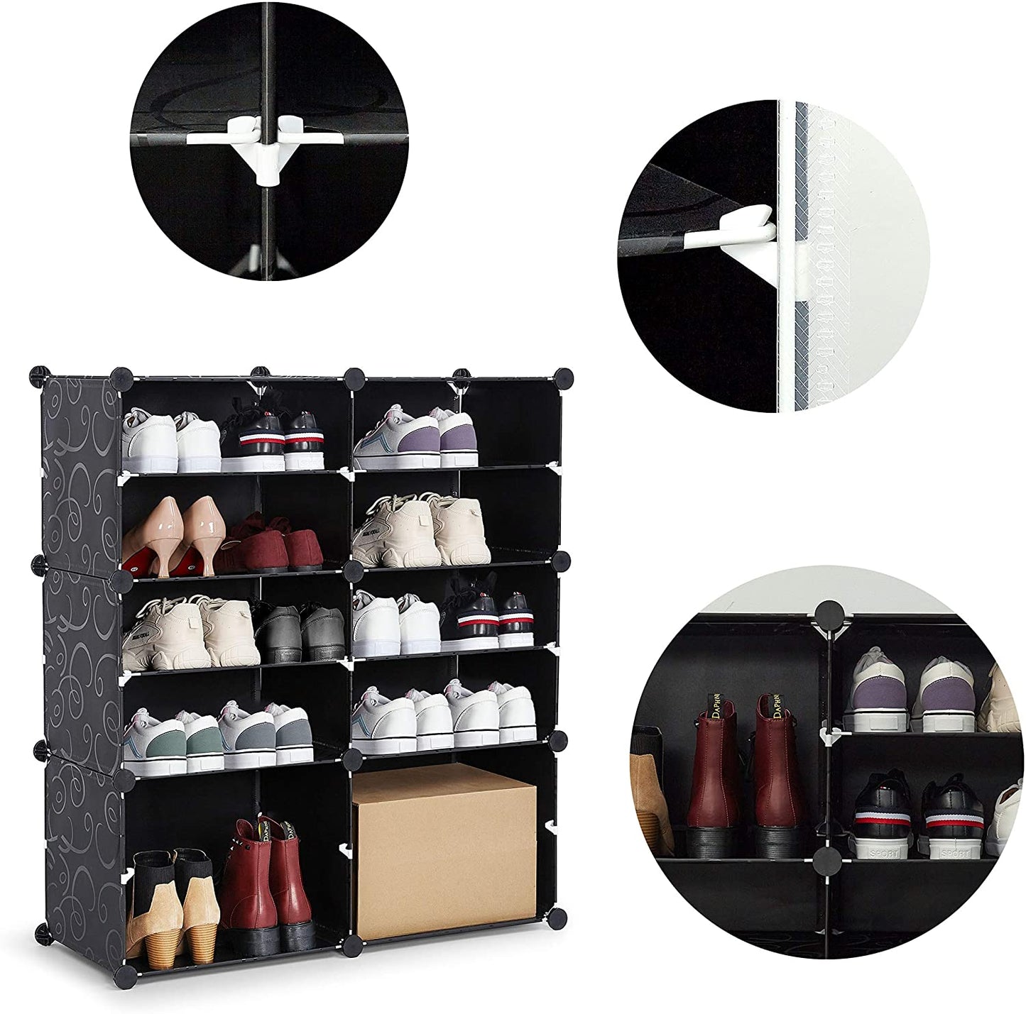 DIY Multi-functional PP Shoe Rack, 12 Cubes, Black / Milky Color