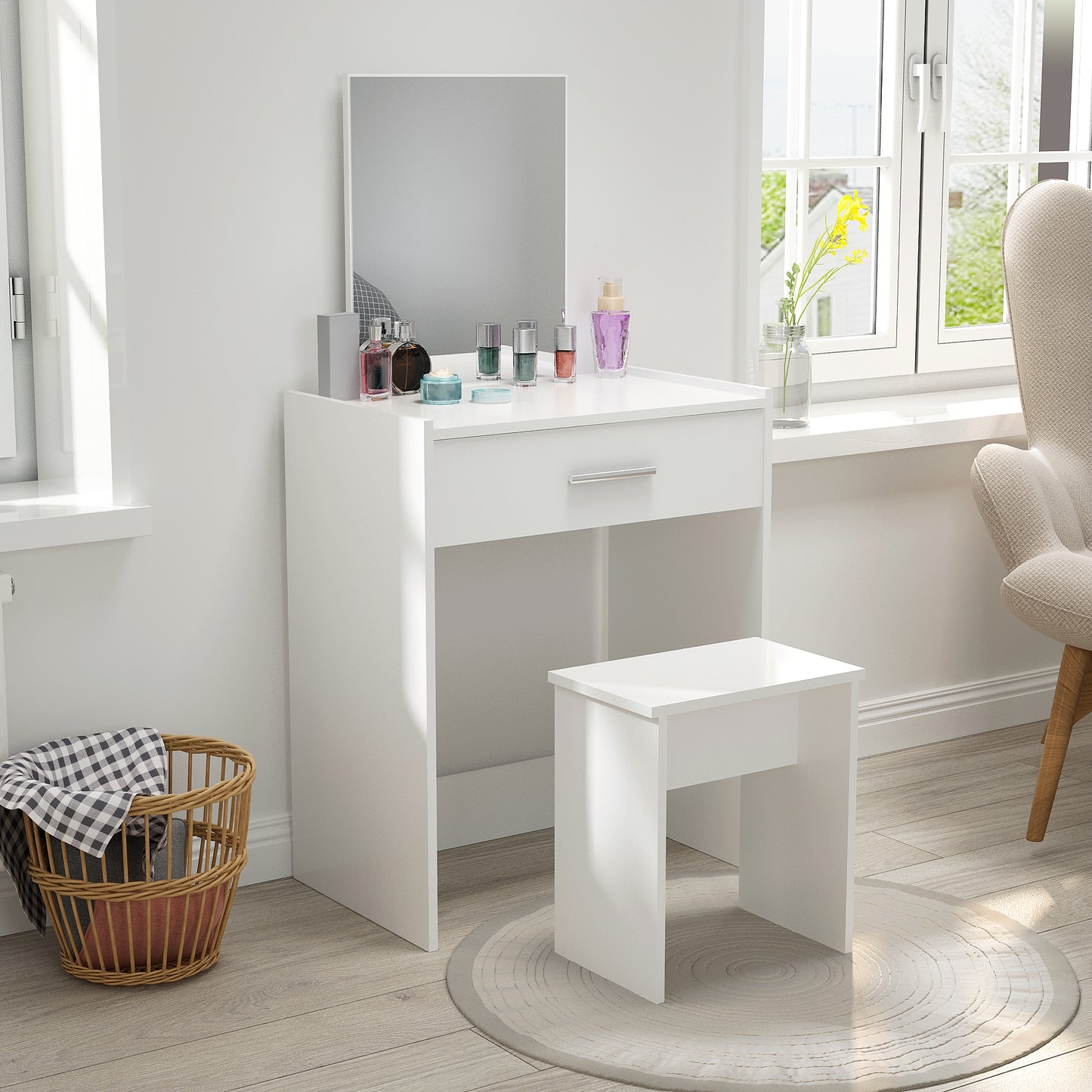 Modern Dressing Table Set, White Color, Providing Frameless Mirror and Stool