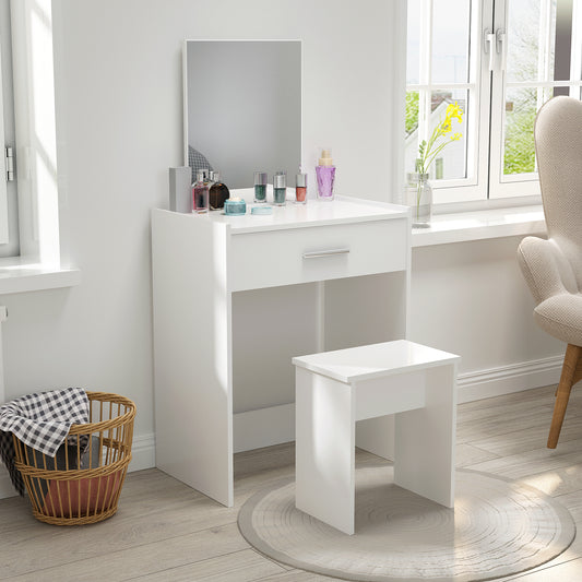 Modern Dressing Table Set, White Color, Providing Frameless Mirror and Stool