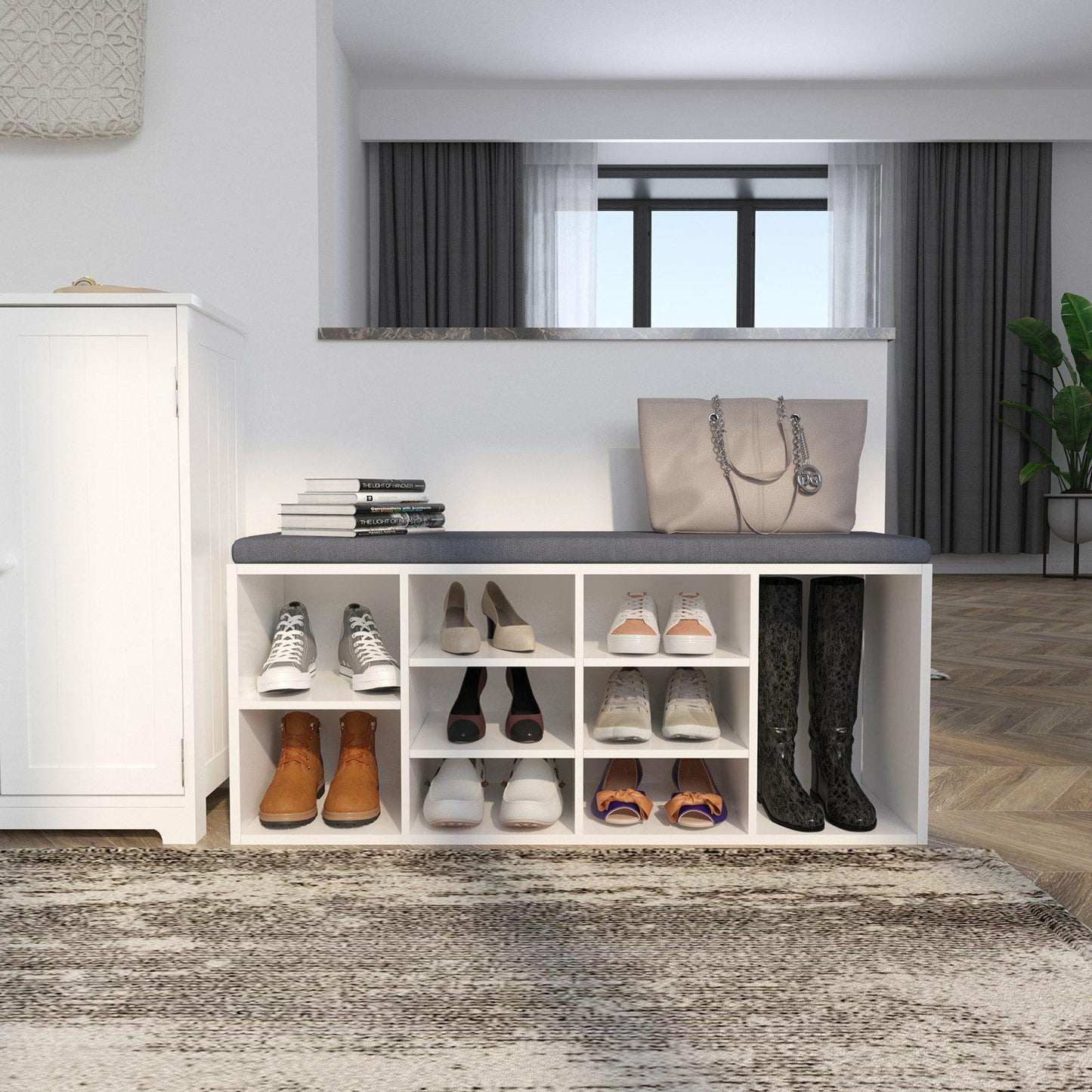 Modern Shoe Bench in Grey/ White Color, Organizer Unit