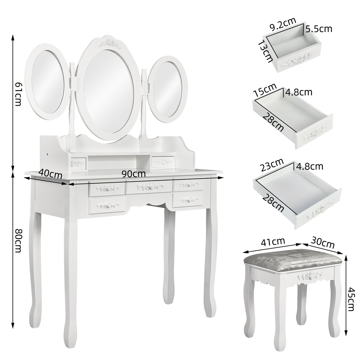Modern Dressing Table, White Color, with 3 Rotating Mirrors and Stool