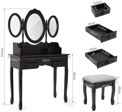 Modern Dressing Table, White Color, with 3 Rotating Mirrors and Stool