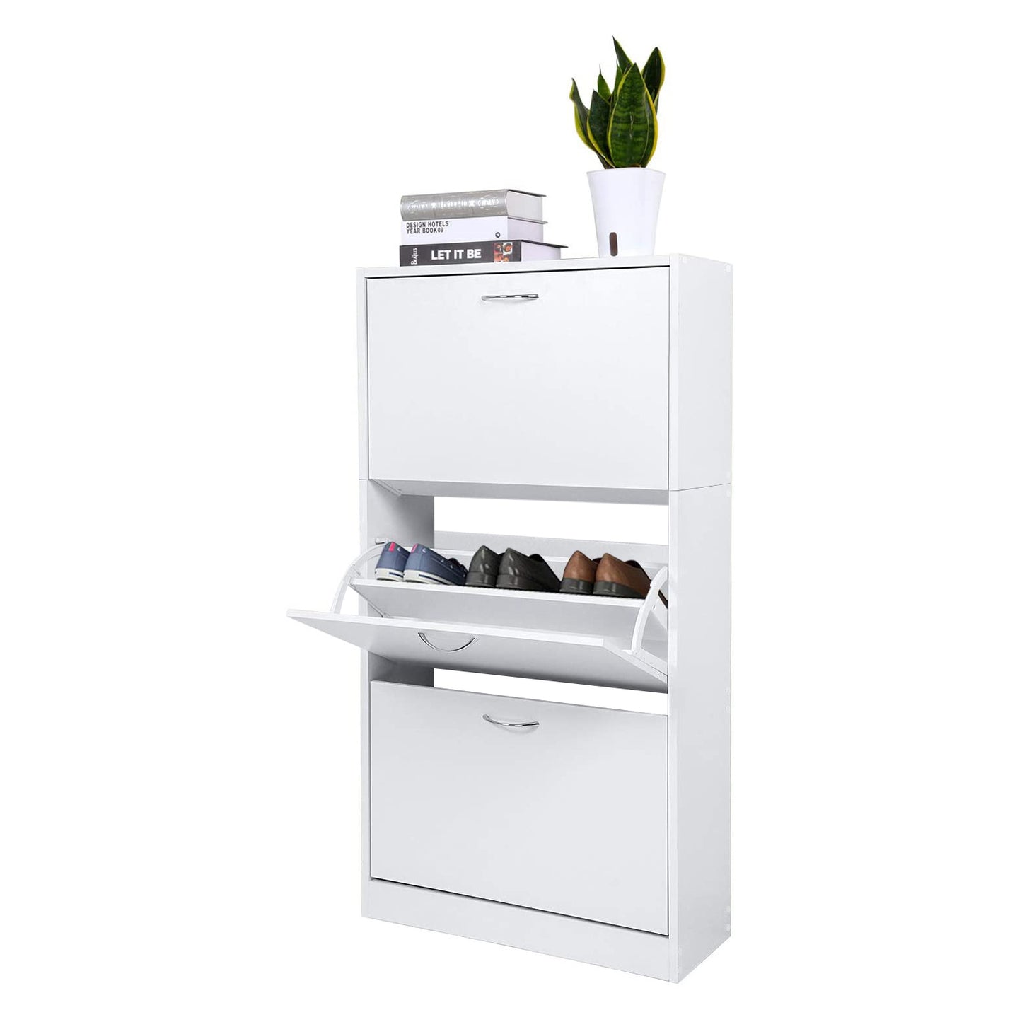 Modern Shoe Rack, Brown/Natural/White Color, 3 Drawer Flaps