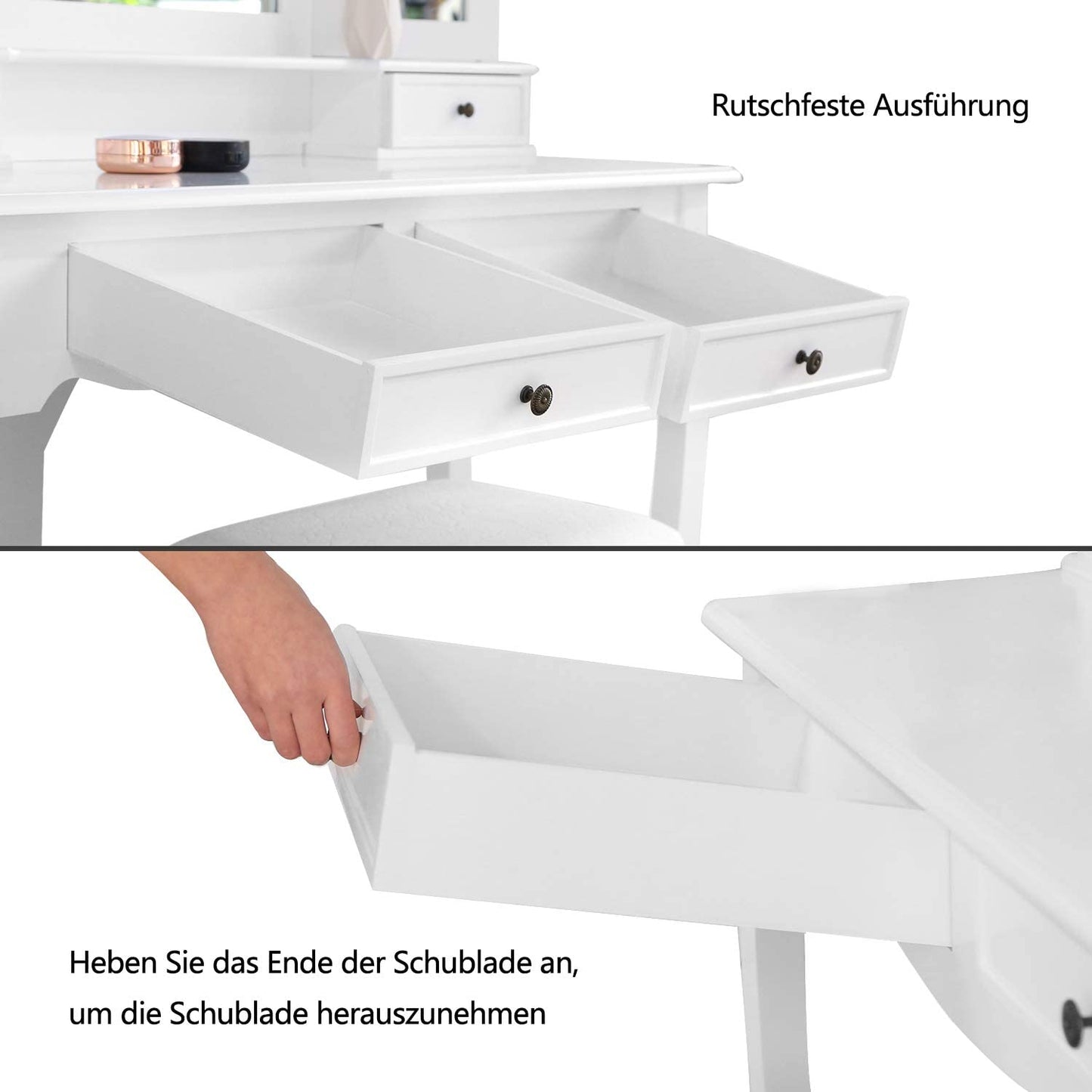 Classic Dressing Table, Black/White Color, Providing a Large Mirror, Drawers and Printed Stool