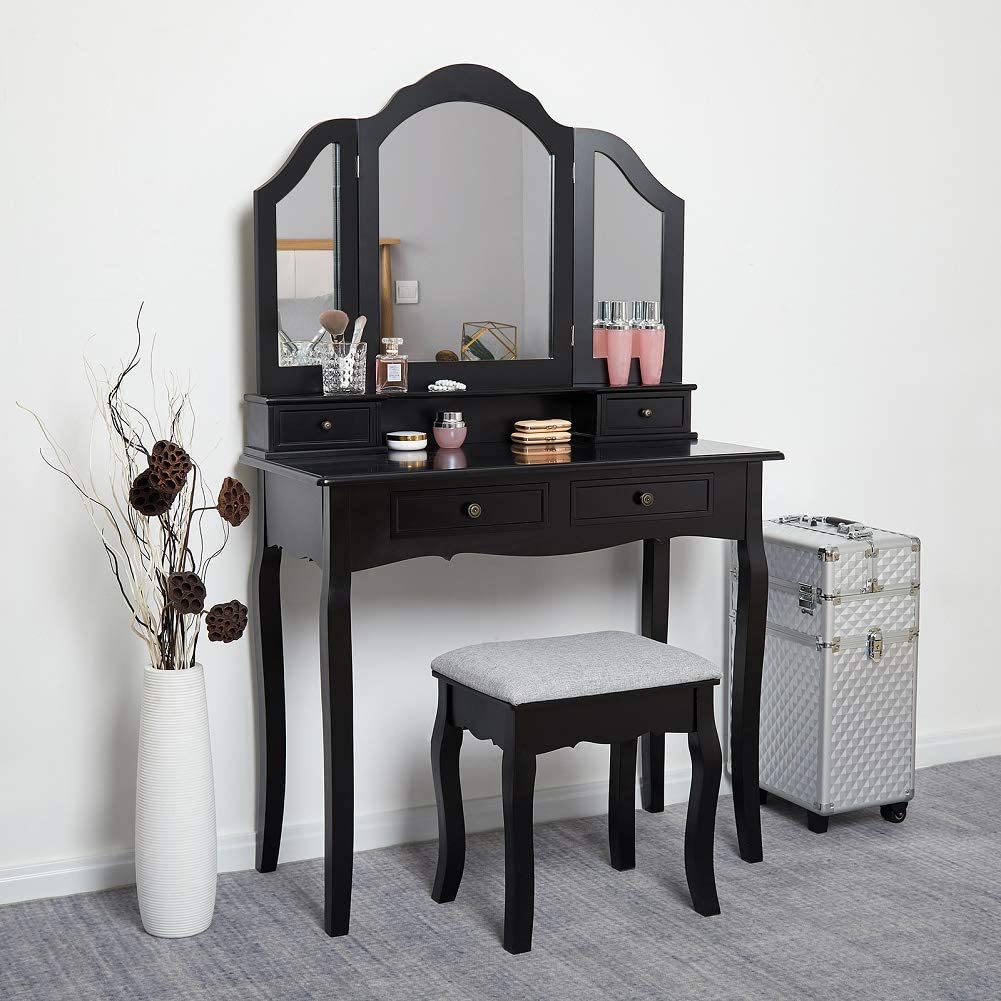 Classic Dressing Table, Black/White Color, Providing a Large Mirror, Drawers and Printed Stool