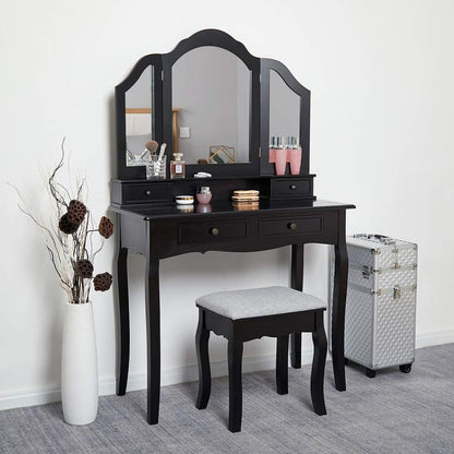 Classic Dressing Table, Black/White Color, Providing a Large Mirror, Drawers and Printed Stool