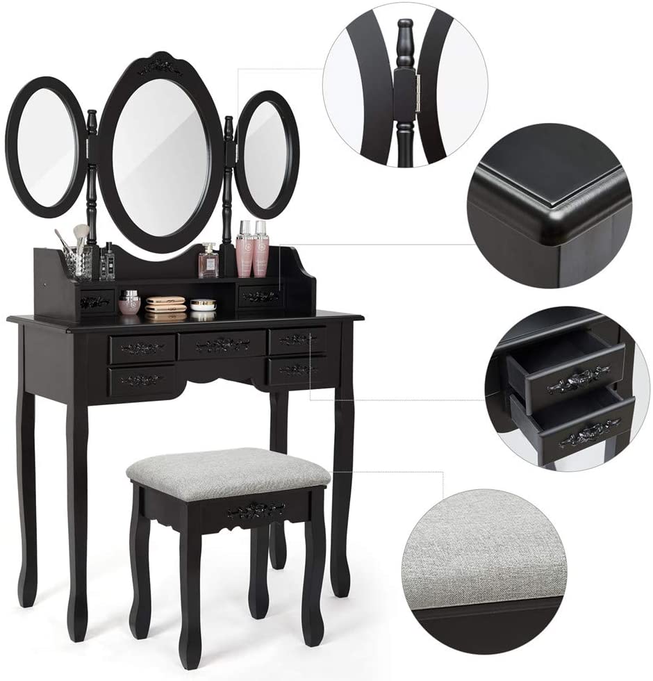 Modern Dressing Table, White Color, with 3 Rotating Mirrors and Stool