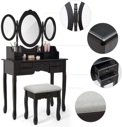 Modern Dressing Table, White Color, with 3 Rotating Mirrors and Stool