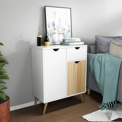 Modern Storage Cabinet, White and Oak Color Matching, 2 Doors and Single Drawer