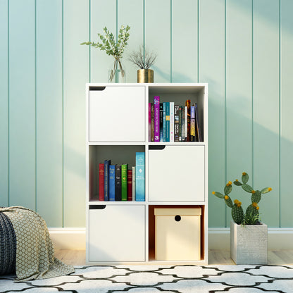 Bookcase,  White and Wood, Six Compartments with Three Doors
