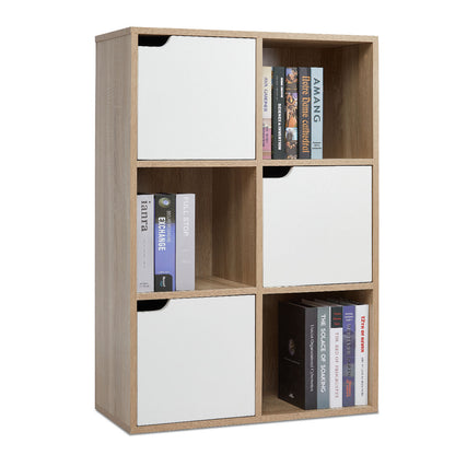 Bookcase,  White and Wood, Six Compartments with Three Doors
