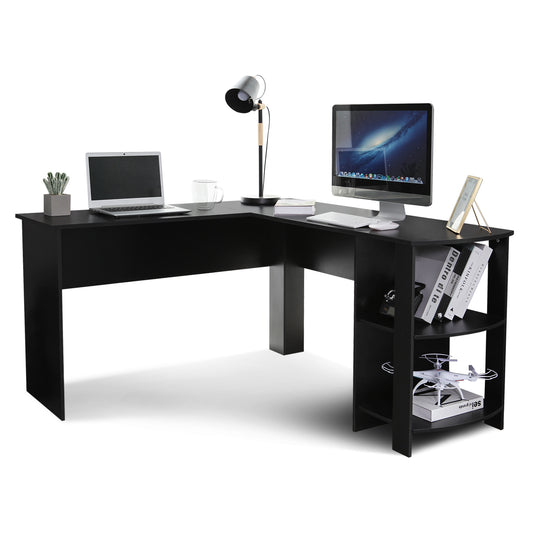 Black L-shaped Computer Corner Desk, with 2 Storage Shelves
