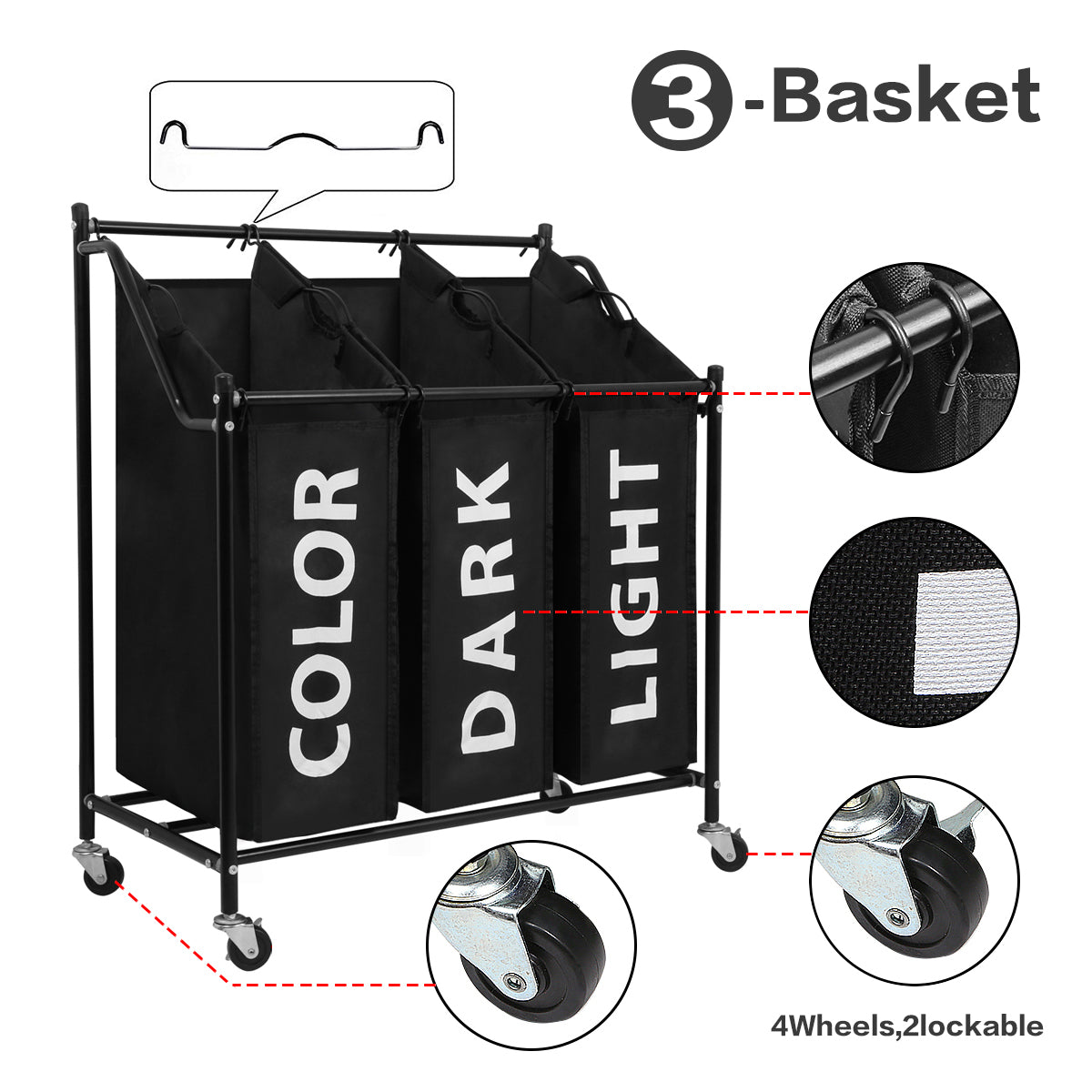 Laundry Bin in Black Color, Metal Pipe, 3 Laundry Sorters