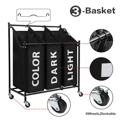 Laundry Bin in Black Color, Metal Pipe, 3 Laundry Sorters