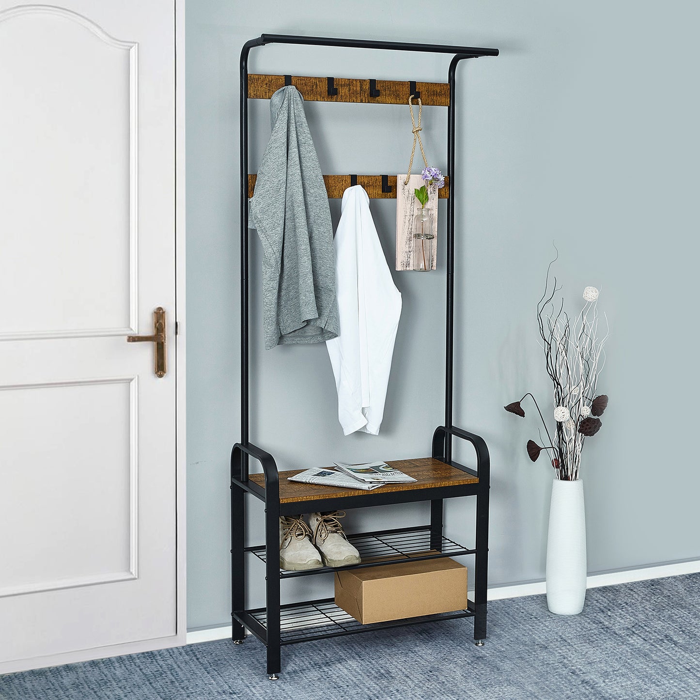 Coat Rack, with Shoe Storage Bench and Anti-tip Straps