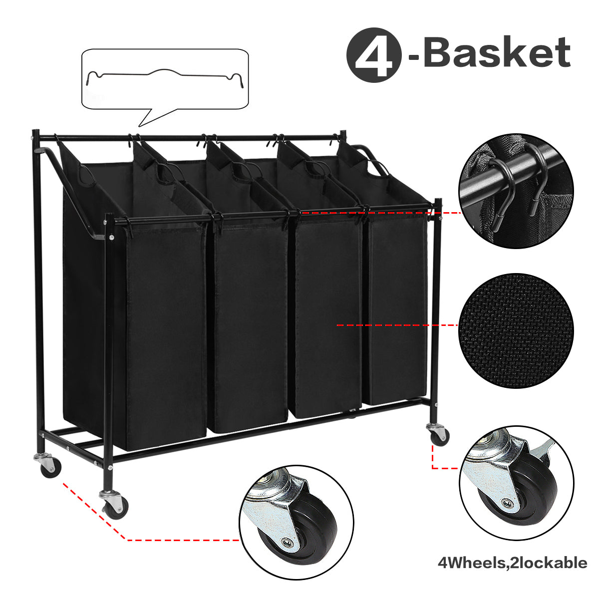 Laundry Bin in Black Color, Metal Pipe, 4 Laundry Sorters