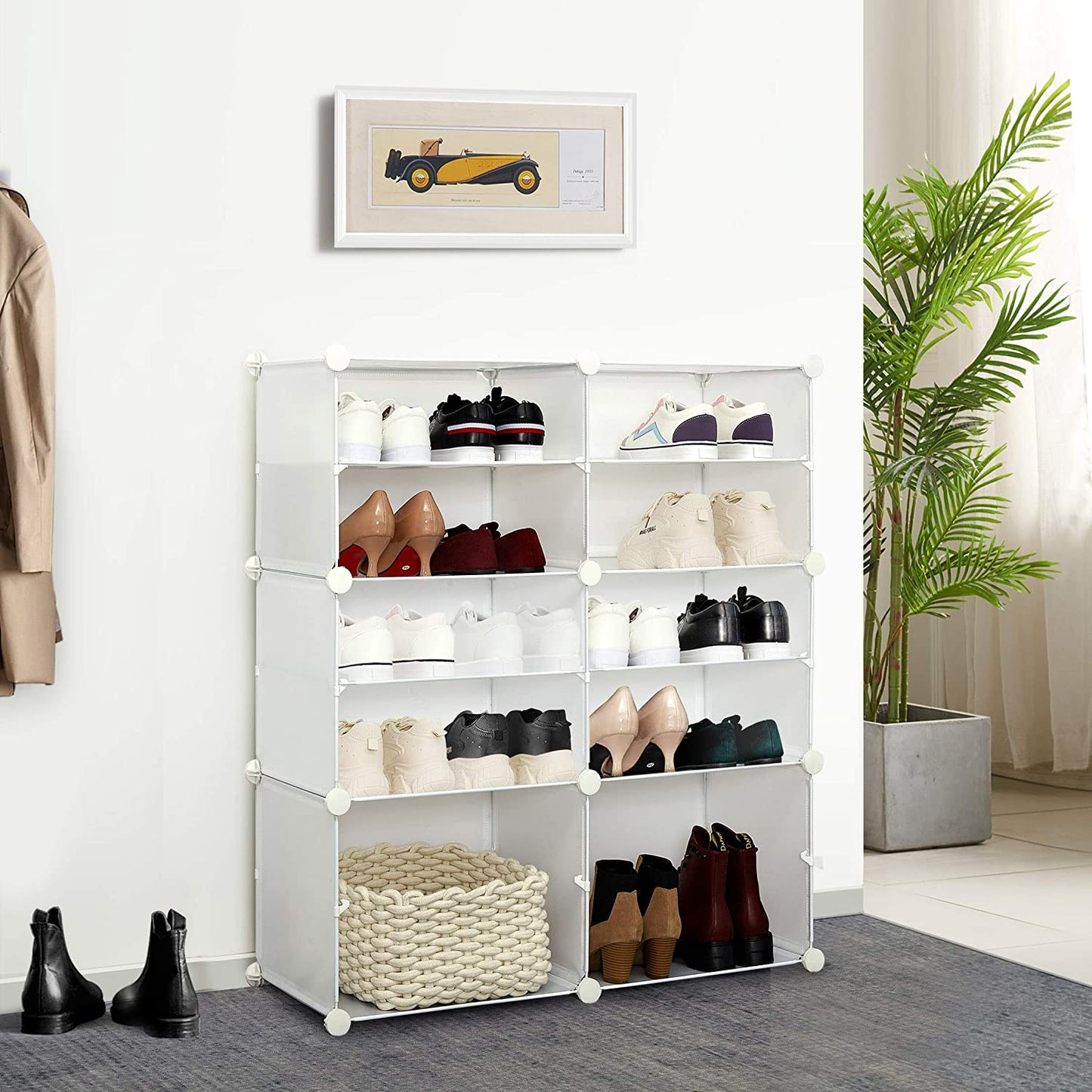 DIY Multi-functional PP Shoe Rack, 12 Cubes, Black / Milky Color