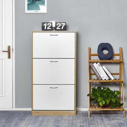 Modern Shoe Rack, Brown/Natural/White Color, 3 Drawer Flaps