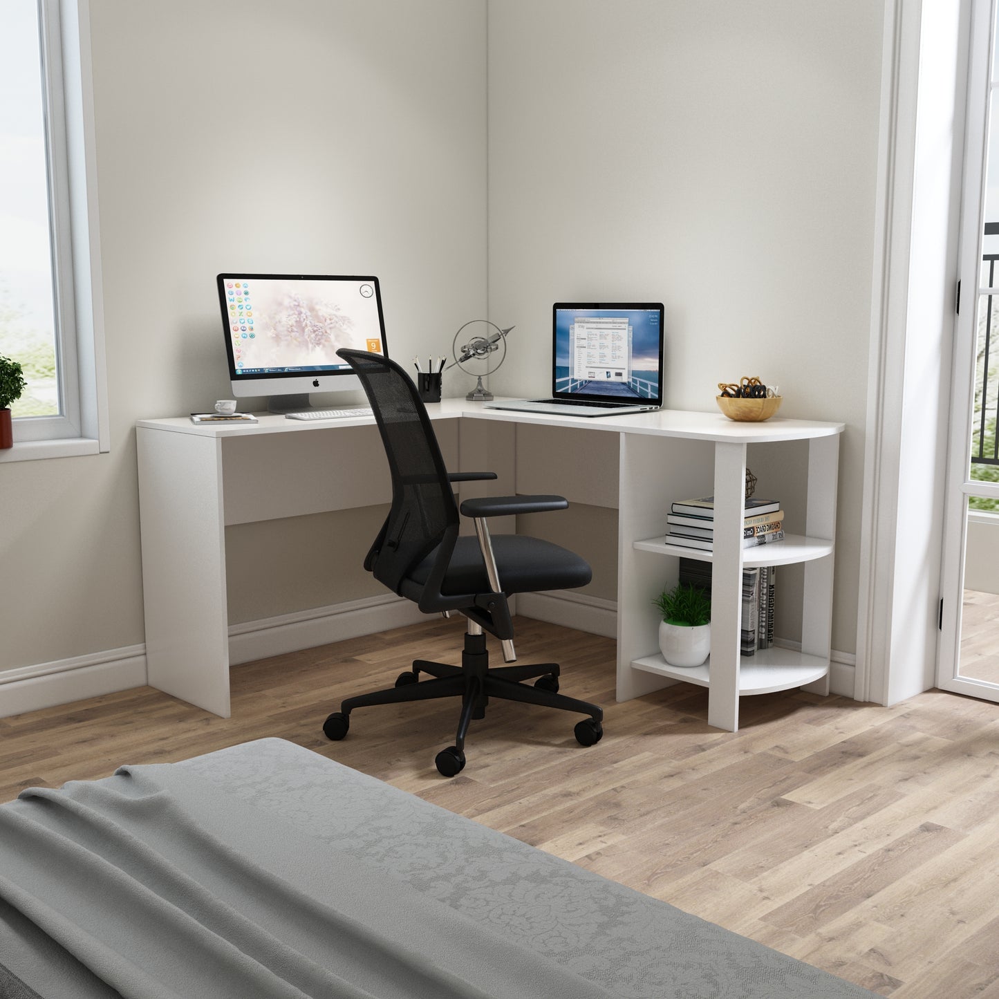 Black L-shaped Computer Corner Desk, with 2 Storage Shelves
