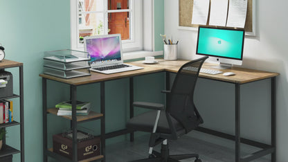 Retro Industrial Computer Table£¬L-shaped, with Open Storage Spaces