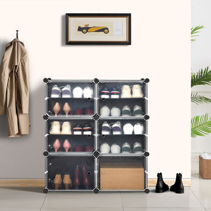 DIY Multi-functional PP Shoe Rack, 12 Cubes, Black / Milky Color