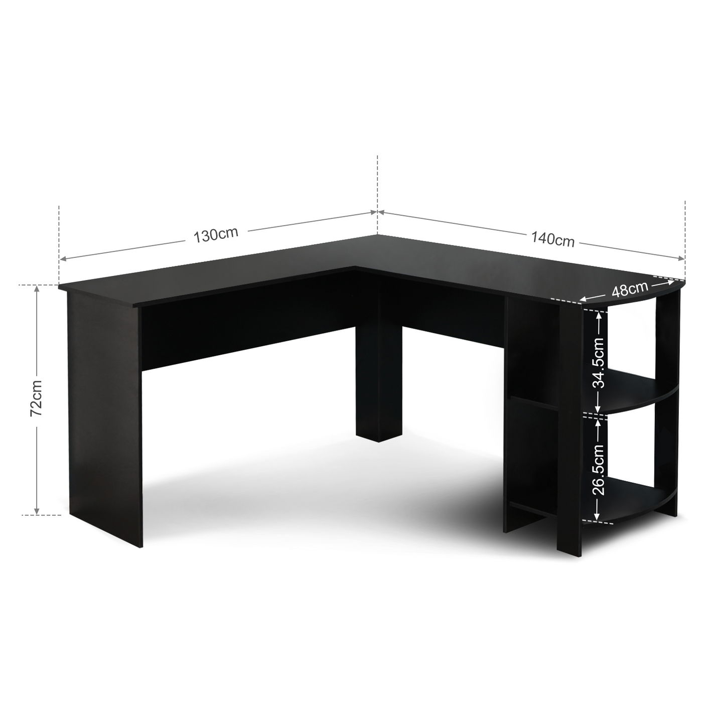 Black L-shaped Computer Corner Desk, with 2 Storage Shelves